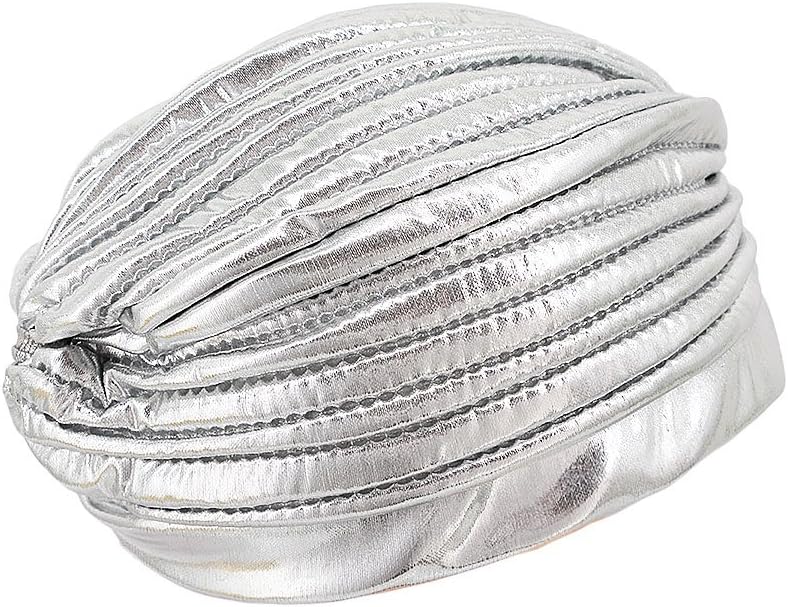 Surkat Store Unisex Metallic Arab India Pleated Turban Headwrap Swami Hat Costume Hat Chemo Cap - Image 5